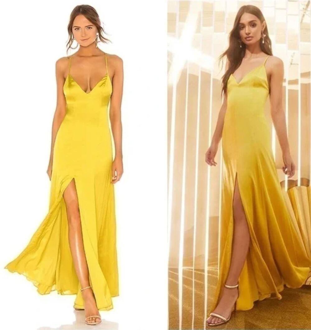 Lovers + Friends Yellow Satin Maxi Slip Dress with Front Slit